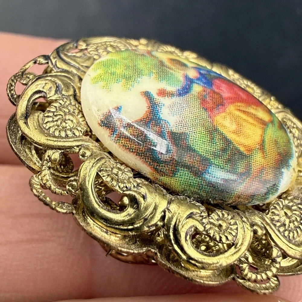Vintage Western Germany Brooch Courting Couple Porcelain Gold Tone Filigree